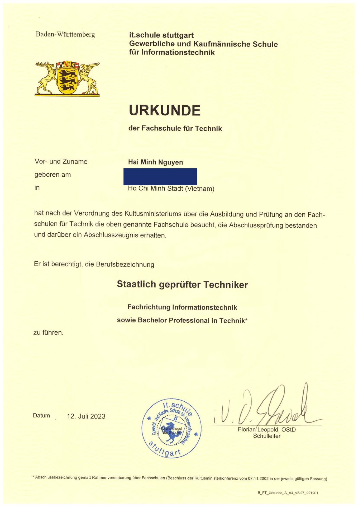 Urkunde – Staatlich geprüfter Techniker (Informatik)