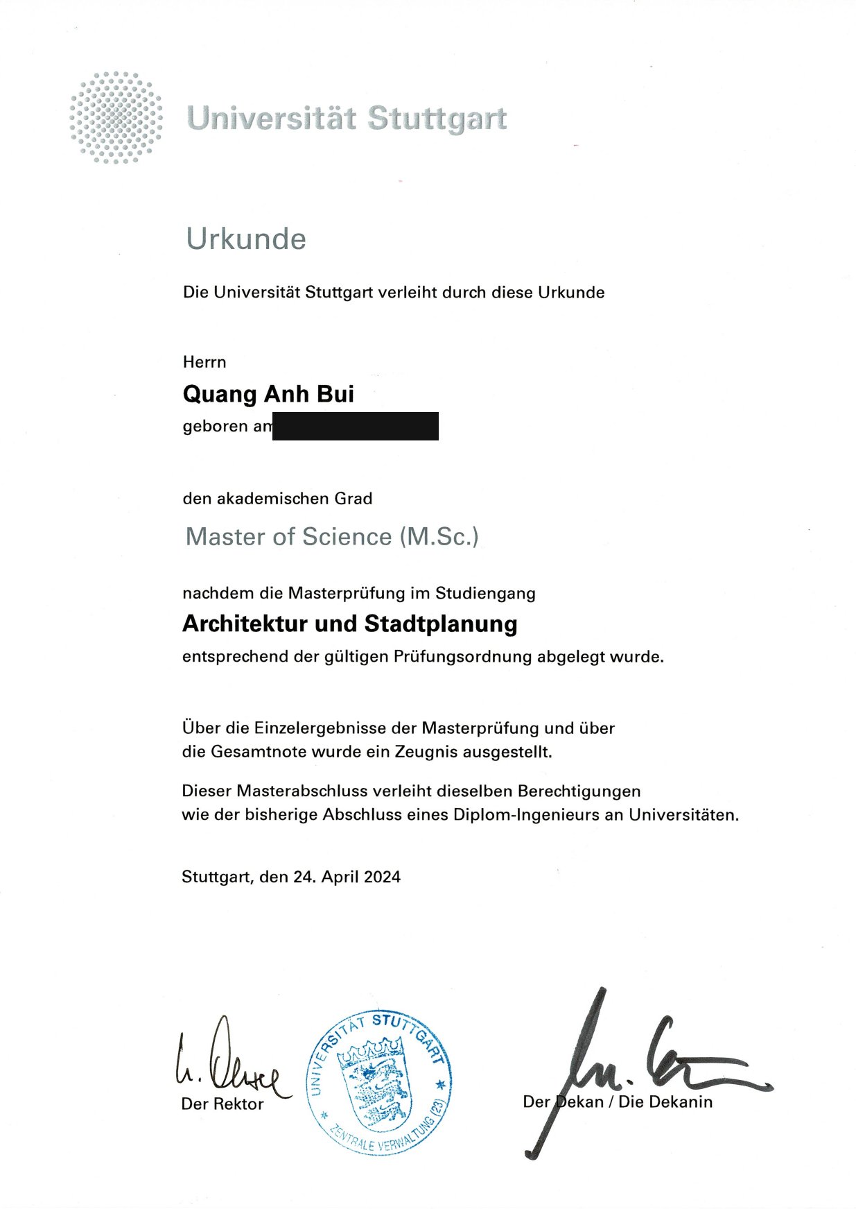 Bằng Master of Science Kiến trúc và Quy hoạch đô thị, Đại học Stuttgart